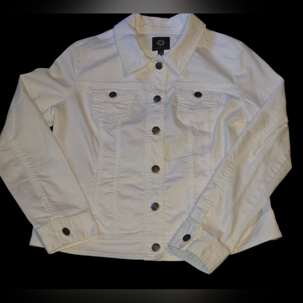 Amber Sun White Stretch Cotton Lightweight Button Up Collared Jacket Size L